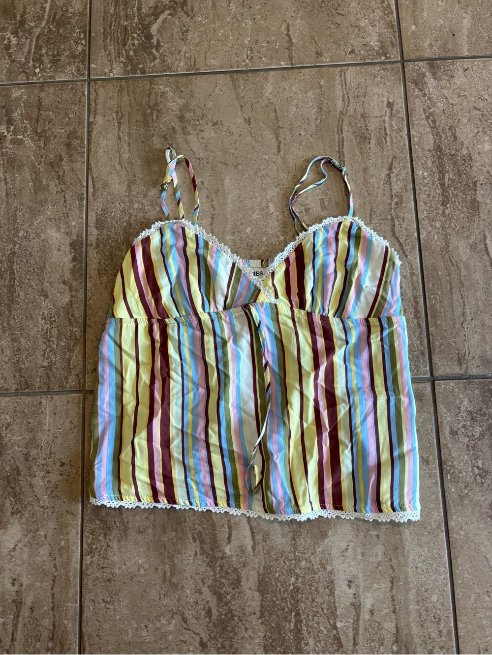 No Boundaries vintage multi-colored vertical striped babydoll tank top with lace